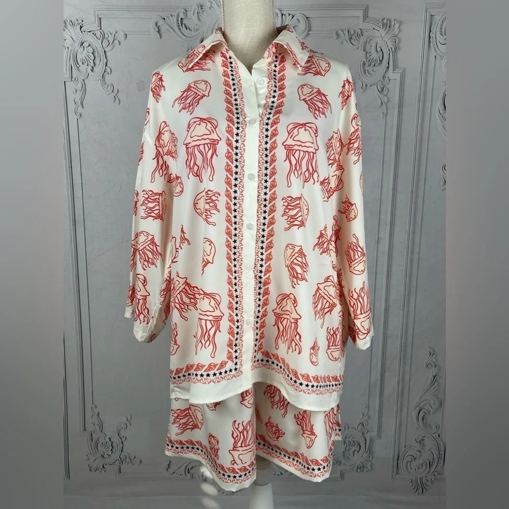 Casual Jellyfish blouse & Shorts Loose Fit Sea Life Print Beach Coverup - Picture 8 of 16